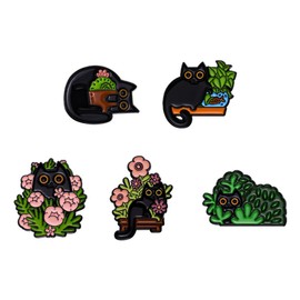 Black Cat Brooch Botanical Brooch Cats Hidden in Potted Plants Enamel Pin Set Cartoon Animal Badge Pin Cute Black Cat Pin for Women Children for Bags Clothing, Metal