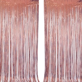 2 Pcs Rose Gold Tinsel Foil Curtains,Sparkling Metallic Fringe Streamers Backdrop for Birthday Party Wedding Graduation Holiday Engagement Bridal Shower Bachelorette Decoration,Shimmering Flow