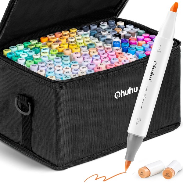 Ohuhu Alcohol Brush Markers 168-color Art Marker Set Double Tipped Alcohol-based Markers for Artist Adults Coloring Illustration -Brush & Chisel-Comes w/ 1 Alcohol Marker Blender-Honolulu Series
