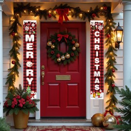 Merry Christmas Door Banner Set, Buffalo Plaid Red Black Porch Sign, Snowflake Winter Holiday Welcome Decorations, Large Vertical Banners