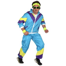 Foxxeo ‘80s Costume for Men – Turquoise, Yellow, Purple – Tracksuit for Carnival, Theme Party, m