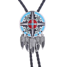 Amadw Bolo Tie Dreamcatcher Indian Feather Western Cowboy Tie Costume Accessories For Men Women, Blue+red, 2.56'' X 1.57''