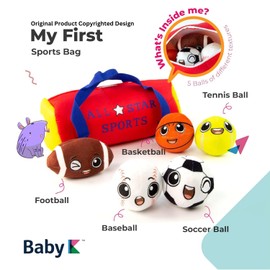 My First Sports Bag with 5 Plush Sports Balls - Rattle Ball with Sound - Sensory Toys for 1 Year Old - Toys for Toddler - Rattles Gift for 1 Year Old