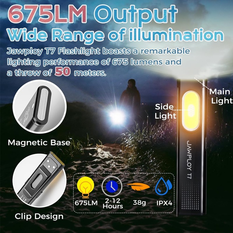 Jawploy Pocket Flashlight Rechargeable EDC Flashlight, 675LM， Dual Light Source