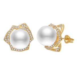 Airokiy Gold Pearl Stud Earrings For Women Hypoallergenic 14K Gold Plated Cubic Zirconia Earrings Studs Wedding Jewellery