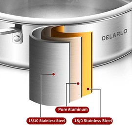 DELARLO Tri-Ply Stainless Steel 7QT Jumbo Cooker Saute Pan With Lid, 12.5 Inch Deep Frying Pan, Induction Large Skillet, Cooker Pan for Chefs, Dishwasher & Oven Safe