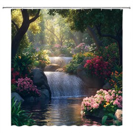 CCXTCZ Garden Shower Curtain Floral Blossom Forest Waterfall Rustic Nature Scenery Spring Landscape Fabric Bathroom Decor Curtains with Hooks 70W x70H,