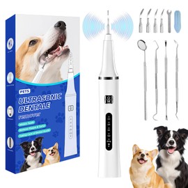 Psytpusa Ultrasonic Pet Plaque and Tartar Remover - Teeth Cleaning Kit with LED Light, 5 Modes, 7 Brush Heads, IPX7 Waterproof for Dogs and Cats (White)