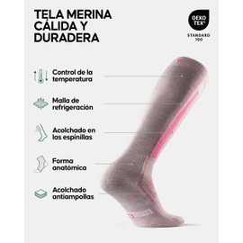 DANISH ENDURANCE Calcetines térmicos de lana merina alta hasta la rodilla con protección contra espinillas y antiampollas, paquete de 1 o 2, Gris claro/Rosado , M
