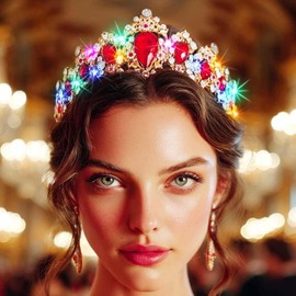 Yean Light Up Baroque Crown Rhinestone Tiara Crowns LED Gold Bridal Hair Accessories for Women (Red, One Size)