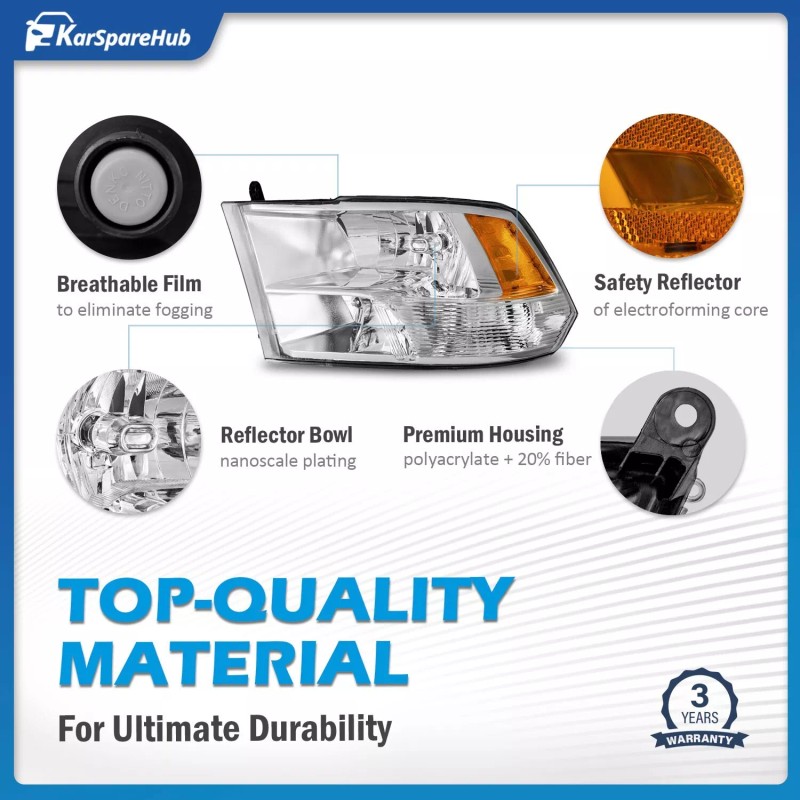 karsparehub Chrome Headlights For 2009-2018 Dodge Ram 1500 2500 3500