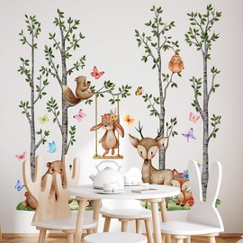 Giant Jungle Green Tree Wall Stickers Safari Animal Tree Branches Wall Decals DIY Removable Forest Woodland Wild Animals Deer Bear Green Leaf Decor for Kids Baby Bedroom Living Room Nursery Decoration