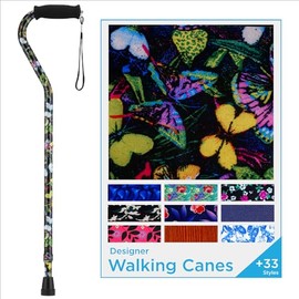 Nova Joy Designer Offset Walking Cane for Seniors - Unisex Adjustable Lightweight Aid with Foam Handle, Wrist Strap and Anti-Rattle Lock - Essential Mobility Support - Butterfly