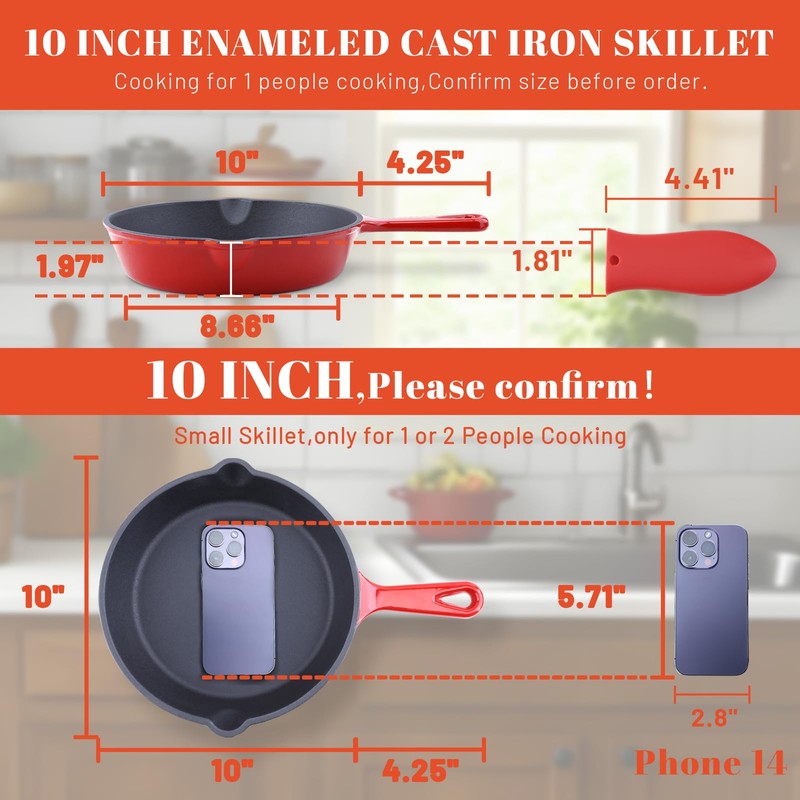 Tastedeli Enameled Cast Iron Skillet 10inch with Pour Spouts for