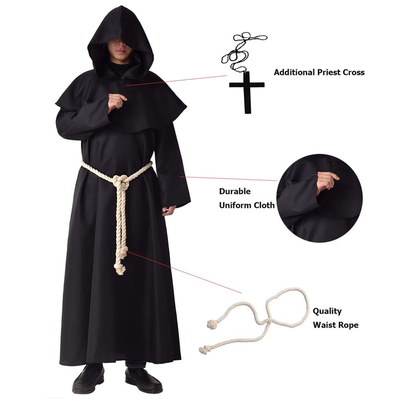 BLESSUME Monk Costume Medieval Robe Priest Hooded Renaissance Friar Cowl