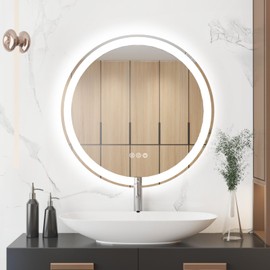 WOSEKBATHAL LED Bathroom Mirror 24X24 Inches Round Vanity Bathroom Mirror for Wall-Mounted with Lights Anti-Fog & 3 Colors Stepless Dimmable Backlit Lit