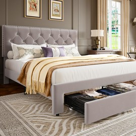 GarveeHome Upholstered Queen Bed Frame with 2 Storage Drawers, Velvet Platform Bed Frame with Button Tufted Rivets Headboard, Heavy Duty, No Box Spring Needed, Easy Assembly, Beige