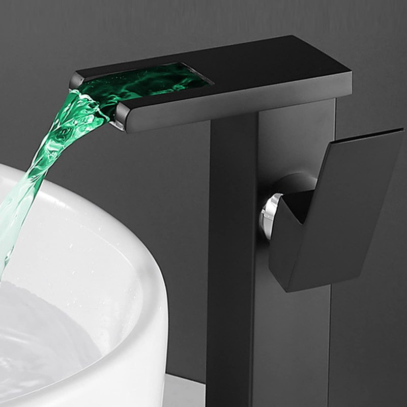 Black Bathroom Vessel Faucet Led Light 3 Color Changing Waterfall