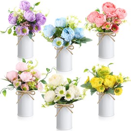 Wavwavw Spring Table Centerpieces Peonies Artificial Flowers with Vase Summer Floral Arrangement Blue Purple Pink Yellow White Fake Flower Peonies Bouquets for Home Dining Table Wedding Party Decor