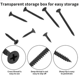 220 Pcs Self Tapping Wood Screws, M3.5 Black Flat Cross Head Self Drilling Screws, Drywall Machine Screws Assortment Kit for Drywall, Furniture, Wood Screws - 16mm/20mm/25mm/30mm/35mm/40mm/50mm
