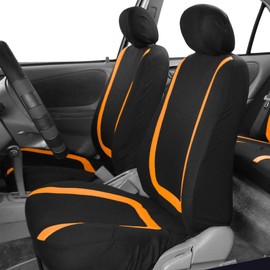 FH Group Unique Flat Cloth Full Set Car Seat Covers w. Silicone Steering Wheel Cover- Universal Fit for Most Cars, Trucks, SUVs or Vans (Orange/Black)