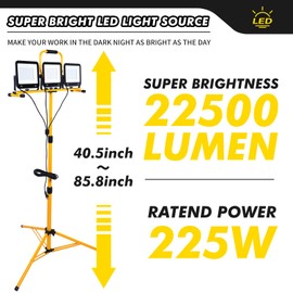 86In 22500 Lumen Work Lights with Stand, 3 Adjustable Head LED Light, 38.2''- 75.2'' & Foldable Tripod Waterproof Lamp Individual Switch 7500 Kelvin Color Temperature