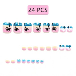 Summer White French Press on Toes Nails Short Square Fake Toe Nails with Black Coconut Palm Designs Full Cover Blue Ocean Waves Glossy Acrylic Toe Toenails for Women Girls Summer 24Pcs