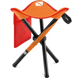 RISIBIX Foldable Camping Stool | Hunting Stool w/Mesh Pocket | Stable Tripod Chair | Portable Tripod Stool | 2-Layered 600D Fishing Stool | Light Tripod Seat | 3 Legged Stool w/Steel Legs (Orange)