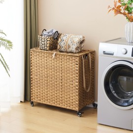 Laundry Hamper with Wheels, 39.6 Gallon(150L) Rolling Laundry Basket with Lid, 3-Section Rattan Clothes Hamper with 3 Removable Liner & 3 Mesh Laundry Bags, Laundry Sorter with Side Pocket, Natural