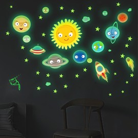 HOMMDECO Solar System Wall Stickers Glow in The Dark Outer Space Wall Decoration Sun Rockets Stars Planet Wall Decoration Space Wall Decals for Children Bedroom Decor​