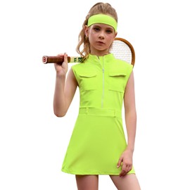 Perfashion Tennis Dress for Teen Girls Golf Neon Green Dress Workout Tennis Outfit with Bra A Line Skirts Size 12 13