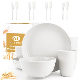 BUSOKIP 20 Pieces Wheat Straw Dinnerware Sets, Unbreakable Plates and Bowls Sets, Alternatives Reusable Plastic Dinnerware Sets, Outdoor Camping Dishes, Microwave Safe Dishes Set for 4 (White)
