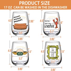 LIAVOEIZ Friends Cup TV Show Merchandise-Friends TV Show Wine Gifts for Women-Set of 4 Funny Wine Glasses 17oz-Stemless Glasses Housewarming Gift, TV Show Gifts for Fans