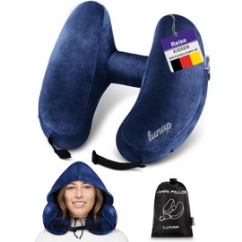 lunap Inflatable Aeroplane Neck Pillow with Hood, Travel Pillow, Inflatable in H Shape, Neck Pillow, Adult Size L Neck Pillow, Inflatable with 3 Breaths, Travel Pillow, Aeroplane Pillow, Blue