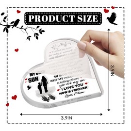 Son Gifts from Mom, 3.9" x 3.9" Acrylic Heart Keepsake Plaque Desk Sign Birthday Christmas Wedding Gifts for Son from Mom