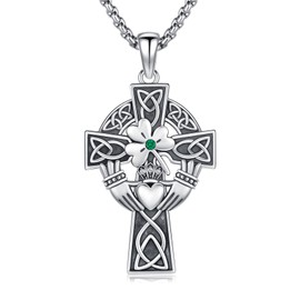 QHQPQ Claddagh Celtic Cross Necklace 925 Sterling Silver Celtic Knot Cross Clover Pendant Irish Jewellery Gifts for Women Men
