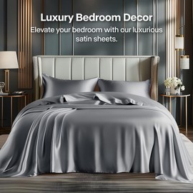BEDELITE Satin Sheets Twin XL Size Bed Set, Luxury Soft Dark Grey Silky Sheet for Hair and Skin, Similar to Silk Bed Sheets Set 3 Pieces with 1 Deep Pocket Fitted Sheet, 1 Flat Sheet, and 1 Pillowcase