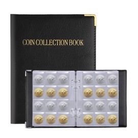 AIEX 10 Pages/120 Sleeves Coin Collection Album Notes with Leather Hard Cover Black Durable Coin Storage Album Penny Coin Book for Collectors (Pocket Size: 4 x 4 cm)