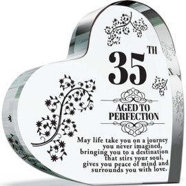 35th Birthday Plaque Gifts for Women Men - Aged to Perfection - Acrylic Heart Keepsake Gift for 35 Year Old Woman Man Her Him, 100mm x 100mm Present For Friends Family