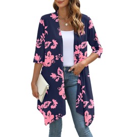 YSYOKOW Women's Open Front Cardigan Lightweight Soft Knit 3/4 Sleeve High-Low Draped Hem Loose Casual Duster(Rose Silhouette, Medium)
