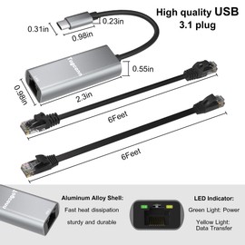 Togconn USB C to Ethernet Adapter, USB 3.1 Type-C to RJ45 Connectors, USB-C to Gigabit LAN Network Internet Adapter, for MacBook, Laptop, PC and More, Aluminum Adapter with 2 Pack Cat6 Cables