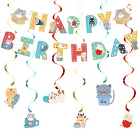 Cat Theme Birthday Party Decoration,Cute Cat Happy Birthday Banner With Cat Hanging Swirls,Boys Girls Party Flag Bunting For Happy Birthday Baby Shower Meow Kitty Theme Party Garden Home Decoration