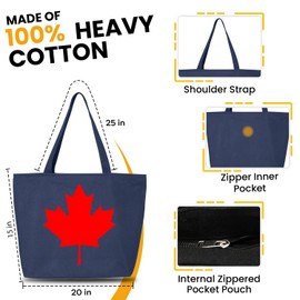 shop4ever Canada Leaf Heavy Canvas Tote with Zipper Canadian Flag Reusable Shopping Bag Navy 1 Pack Zip