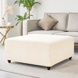 HFCNMY Stretch Knitted Jacquard Ottoman Cover - Thick Washable Slipcover for Square Storage Ottoman With Elastic Bottom - Beige Medium