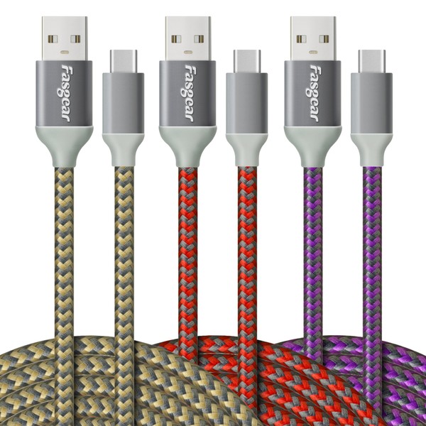 Fasgear USB C to USB A Cables 3 Pack 10ft Long 3A Fast Charging Type-C 2.0 Charger Cable Braided Compatible with Galaxy S21 Plus Note 10 S9 S8 A60 A5/LG V20 G6/Moto G/PS5 Controller (Gold/Red/Purple)