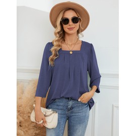 Blusas de manga 3/4 para mujer, estilo casual, plisado, cuello cuadrado, blusas holgadas, Azul oscuro, Large