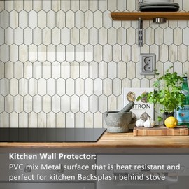 Vamos Tile Long Hexagon Peel and Stick Backsplash Tile - 10 Sheets Stick on Backsplash for Kitchen and Bathroom 12.4 x 12 Inch Glossy Wood Grain PVC Self Adhesive Mosaic Wall Tiles