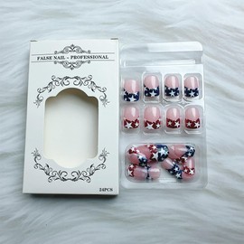 24 Pcs Independence Day Star Press on Nails Short Square Red Blue French Tip Fake Nails with Glitter Designs 4th of July False Nail Tips Glue on Nails Independence Day Artificial Nails for Women