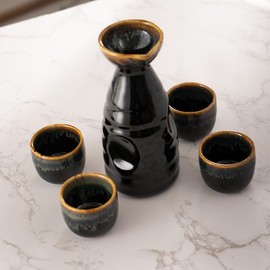 Hinomaru Collection Reactive Glaze Japanese Sake Set Tokkuri 10 fl oz Bottle with Four Sake Ochoko Cups 2 fl oz Drinkware (Black)