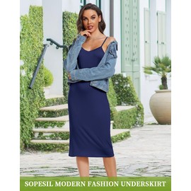 Sopesil Women's Full Slips Soft Long Nightdress Slip Under Dress Adjustable Spaghetti Straps for Ladies V Neck Negligee A-Navy BlueL